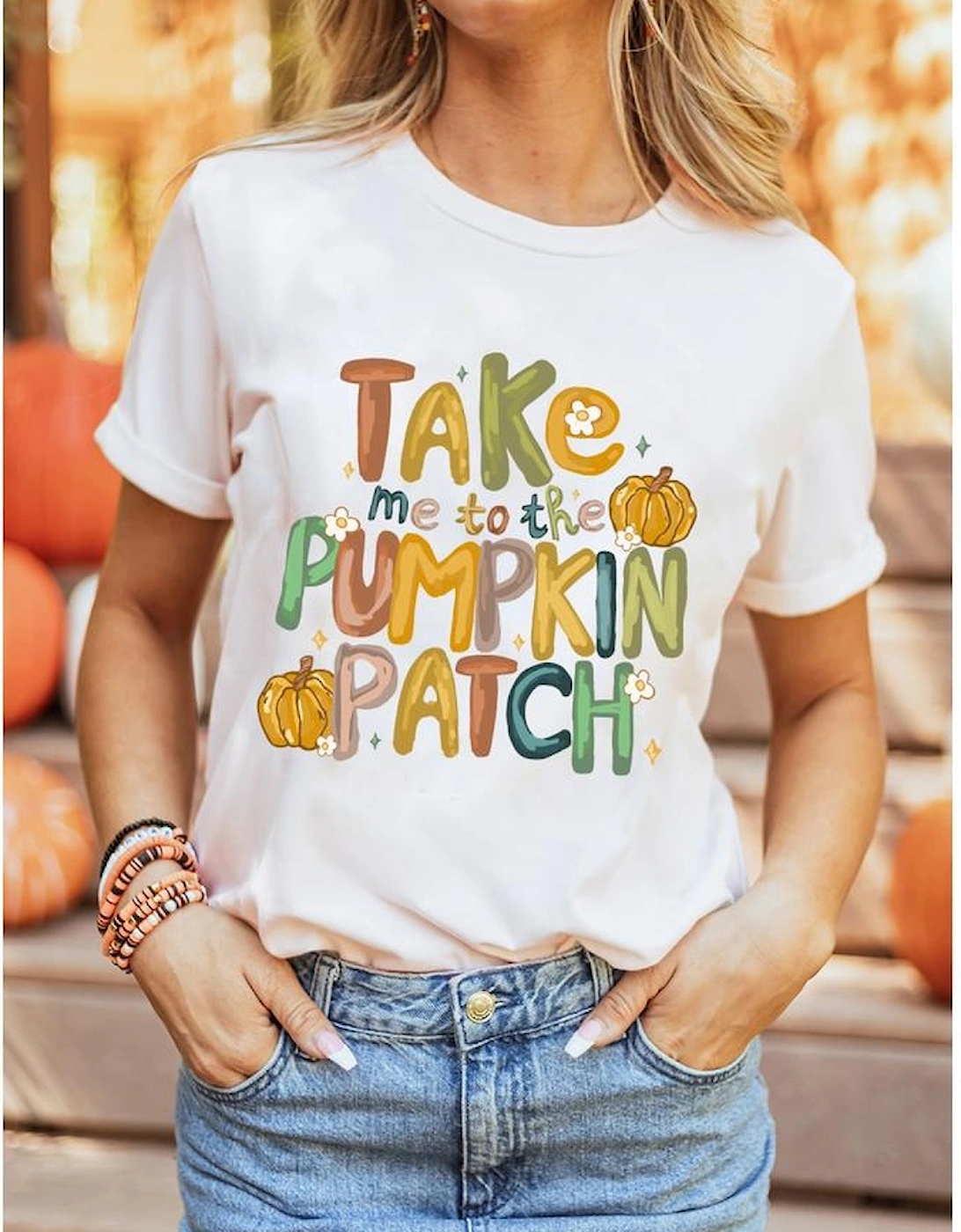 White Take Me To The Pumpkin Patch Cotton Blend T Shirt