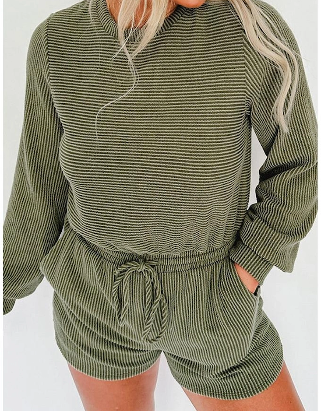 Pickle Green Corded Pullover Long Sleeve Drawstring Romper