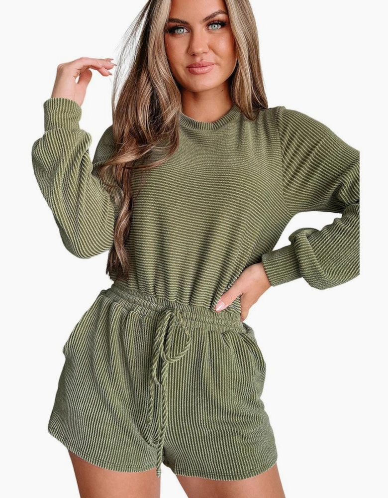 Pickle Green Corded Pullover Long Sleeve Drawstring Romper