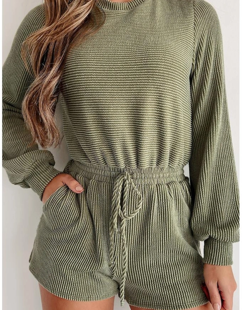 Pickle Green Corded Pullover Long Sleeve Drawstring Romper
