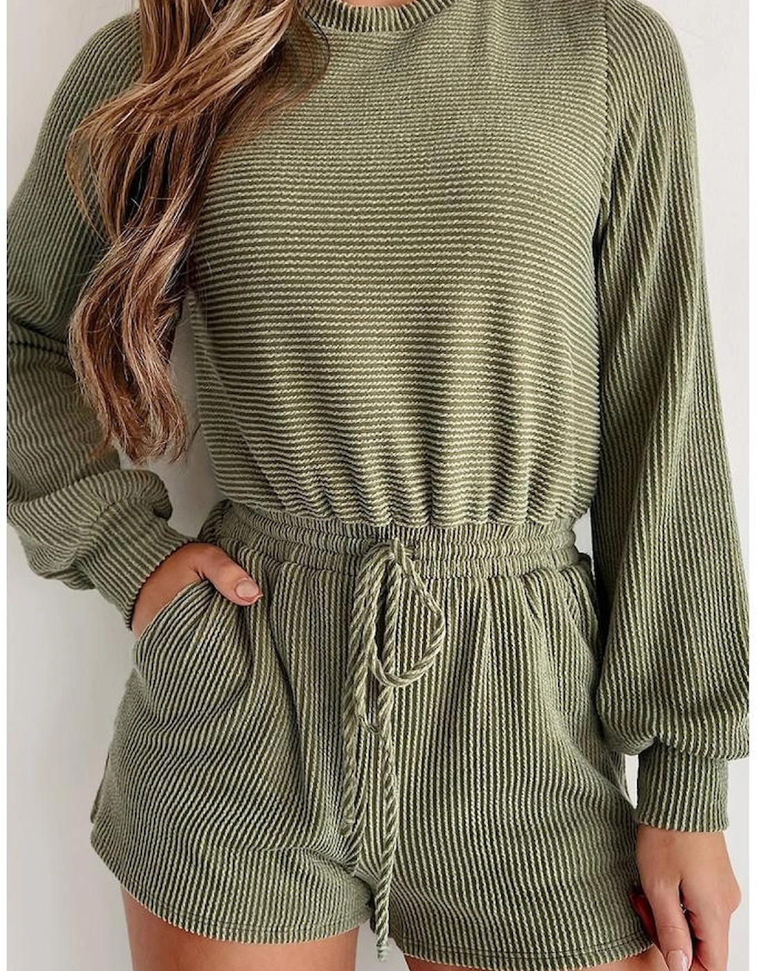Pickle Green Corded Pullover Long Sleeve Drawstring Romper