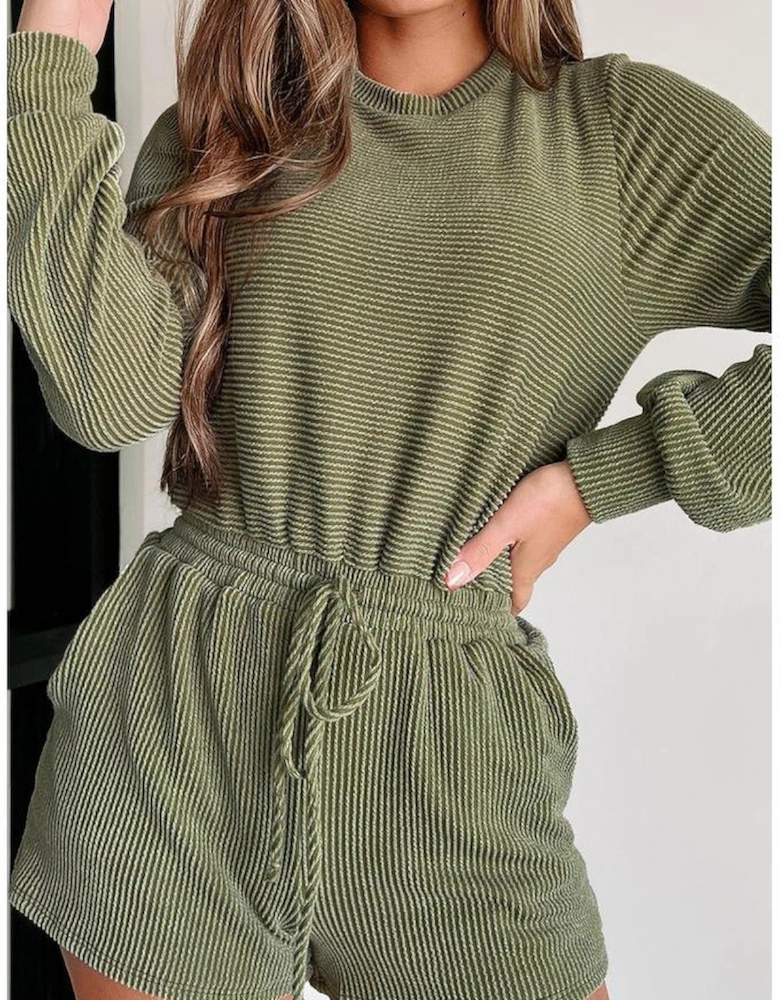 Pickle Green Corded Pullover Long Sleeve Drawstring Romper