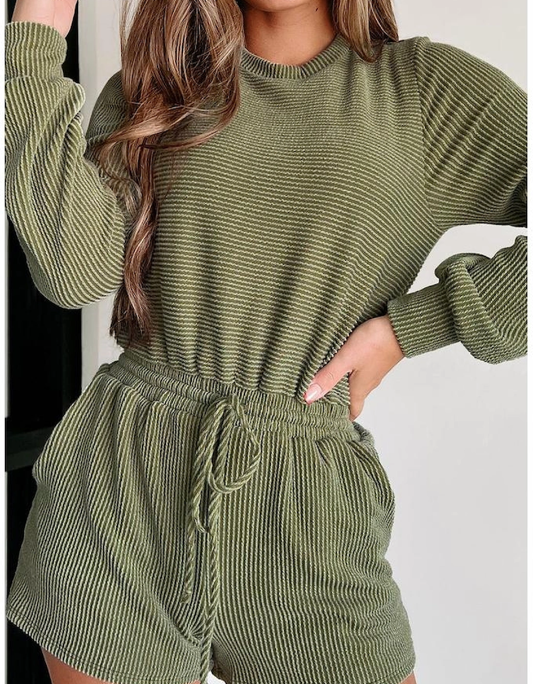 Pickle Green Corded Pullover Long Sleeve Drawstring Romper