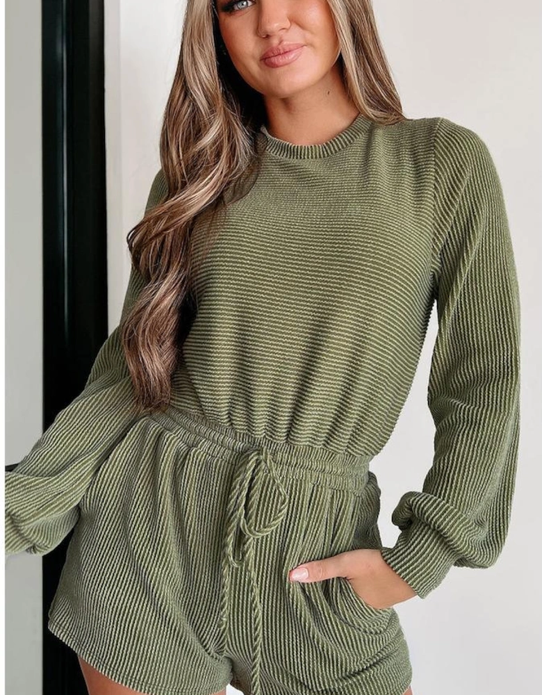 Pickle Green Corded Pullover Long Sleeve Drawstring Romper