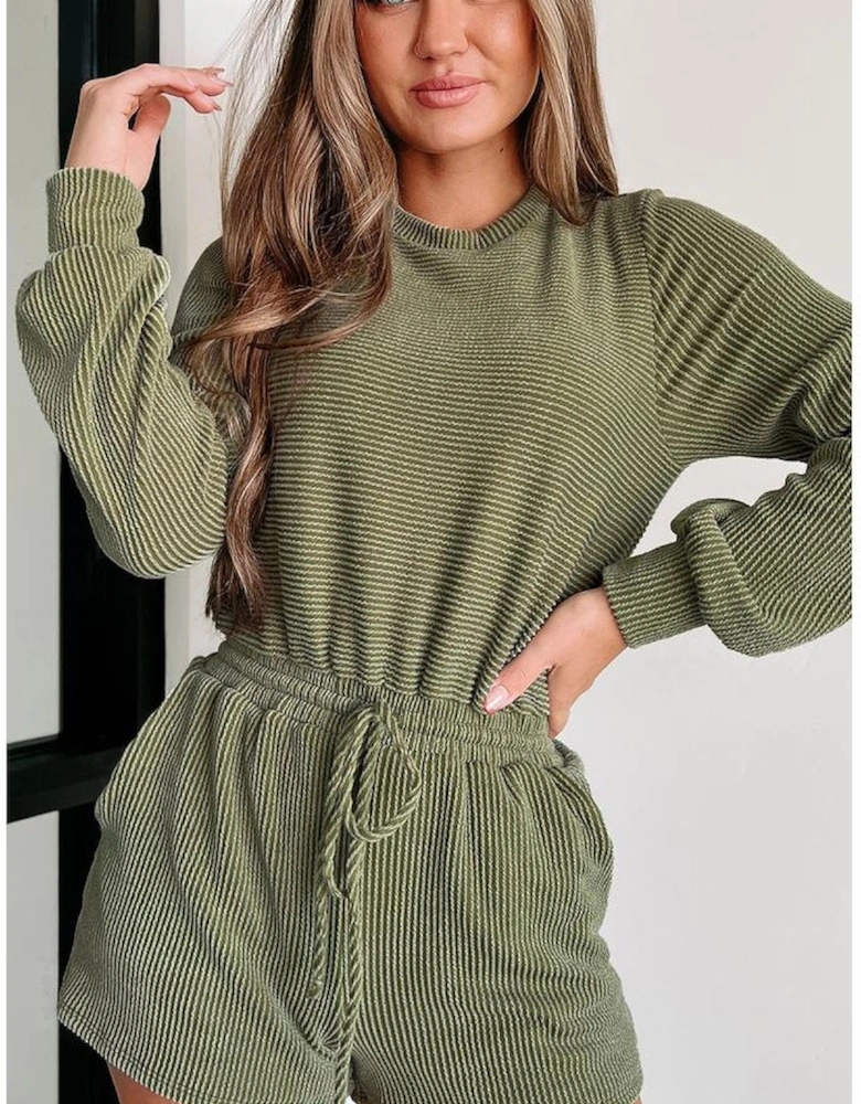 Pickle Green Corded Pullover Long Sleeve Drawstring Romper