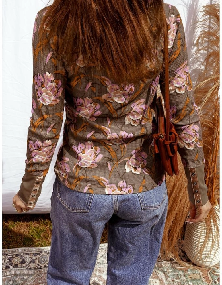 Brown Floral Print Waffle Textured Long Sleeve Top