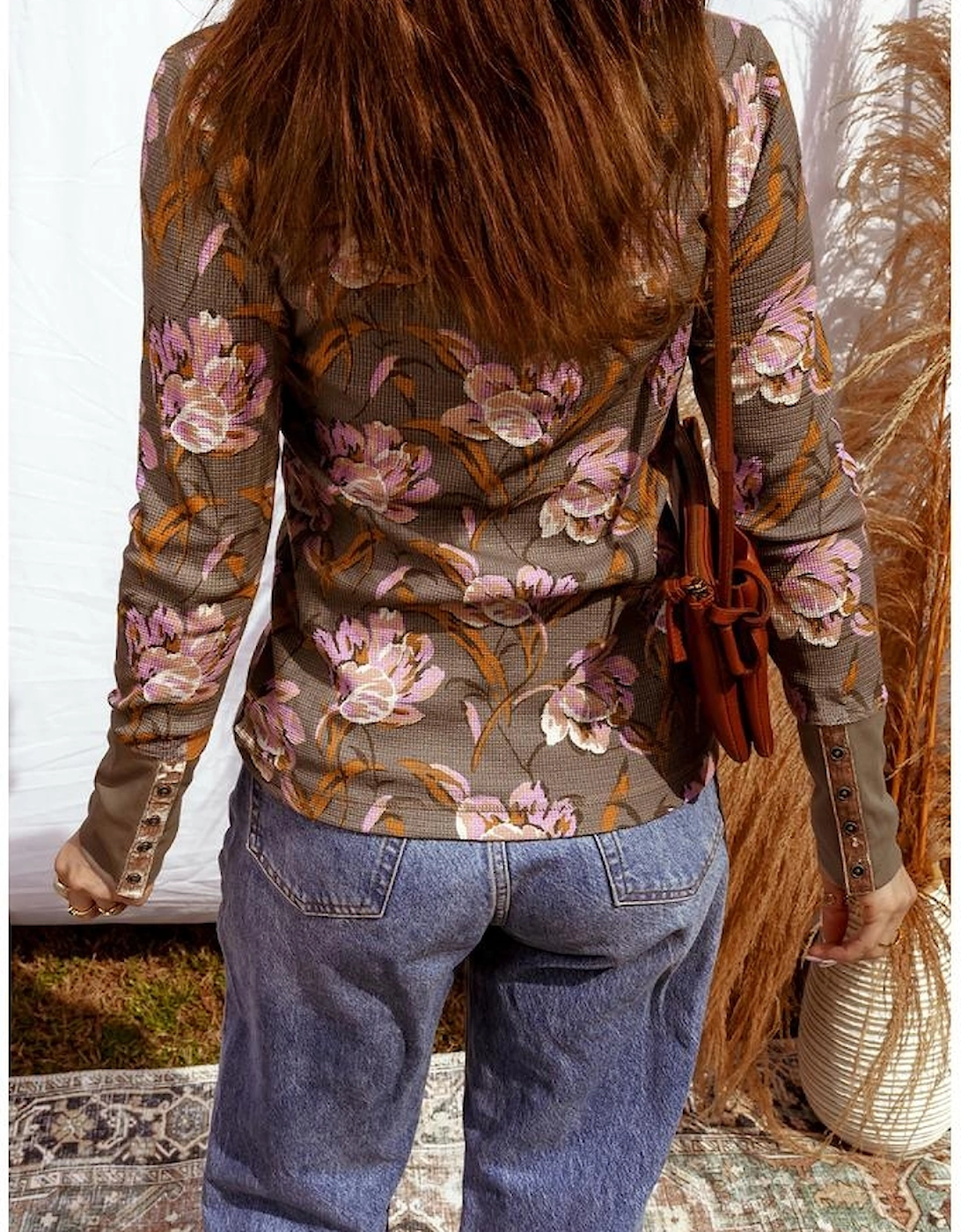 Brown Floral Print Waffle Textured Long Sleeve Top, 10 of 9