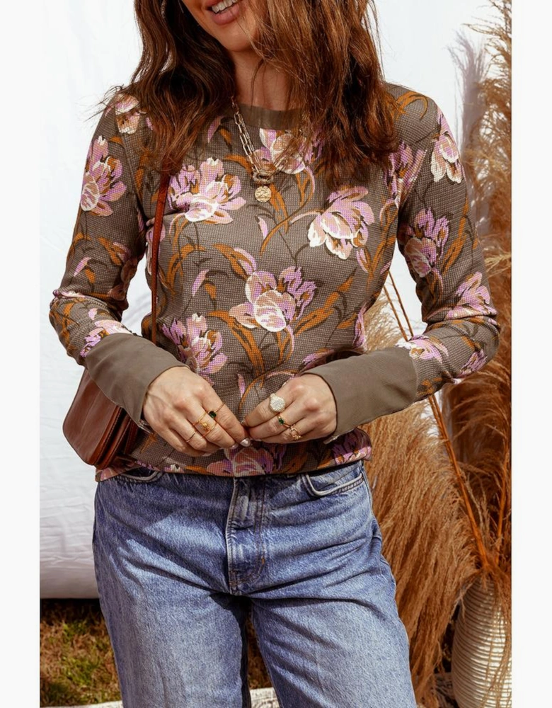 Brown Floral Print Waffle Textured Long Sleeve Top