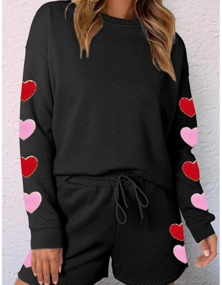 Black Heart Patch Long Sleeve Top and Shorts Textured 2pcs Set