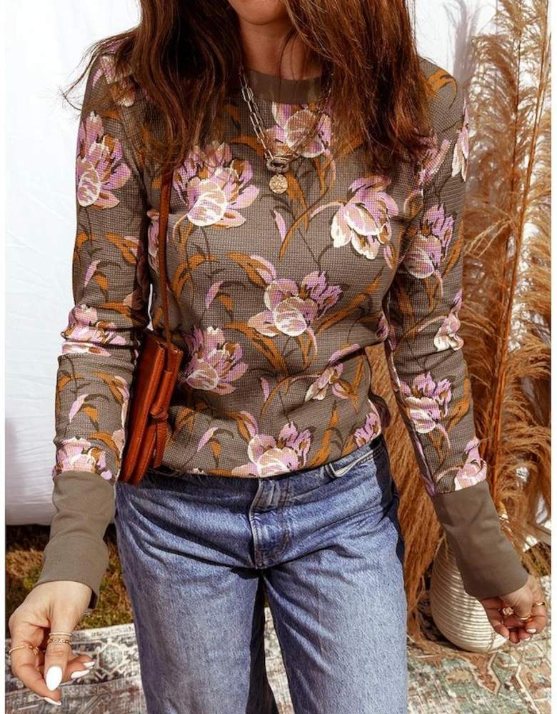 Brown Floral Print Waffle Textured Long Sleeve Top