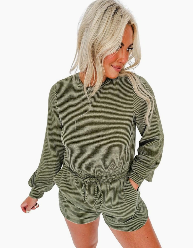 Pickle Green Corded Pullover Long Sleeve Drawstring Romper