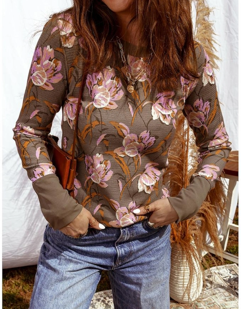 Brown Floral Print Waffle Textured Long Sleeve Top