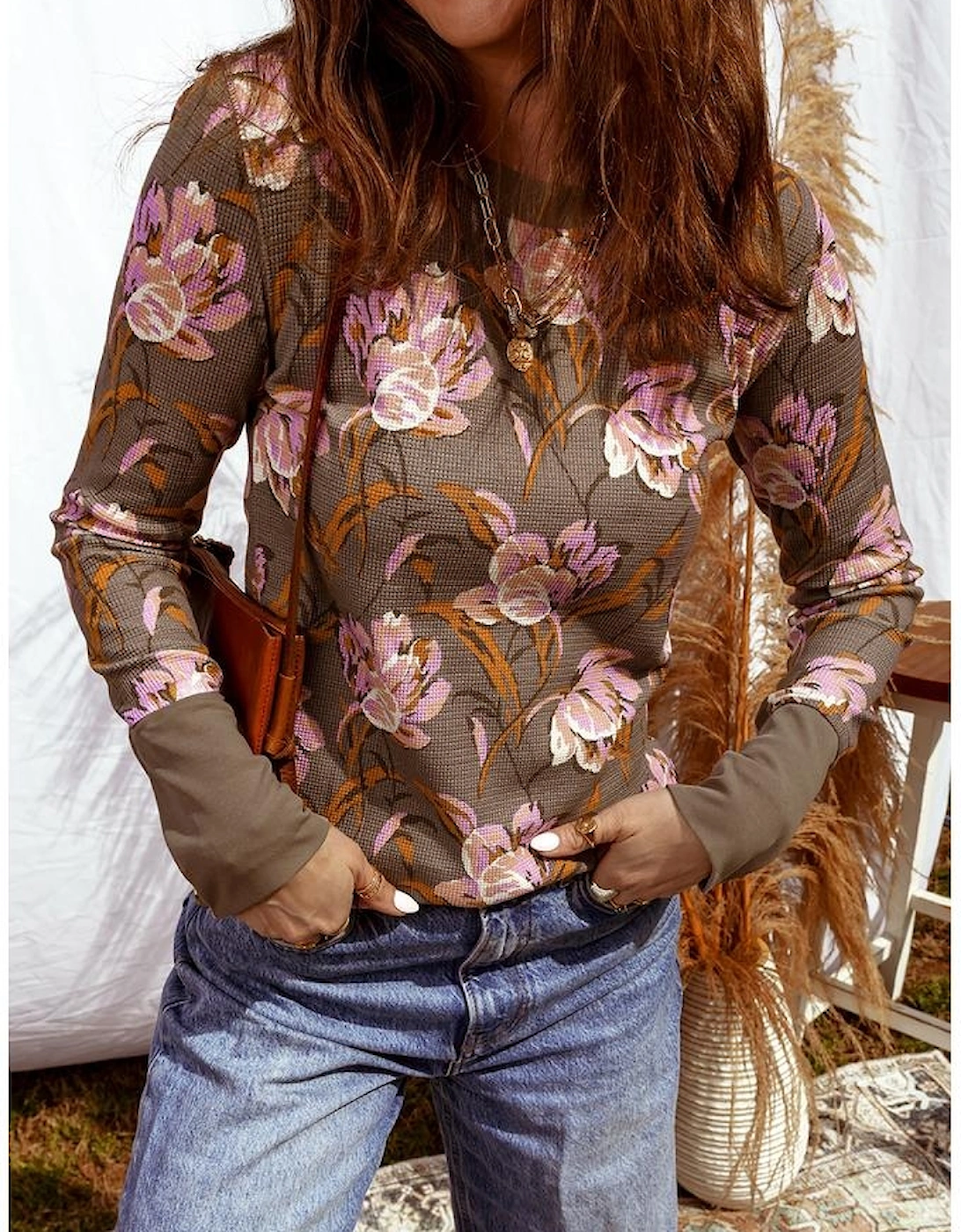 Brown Floral Print Waffle Textured Long Sleeve Top
