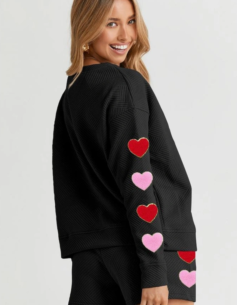 Black Heart Patch Long Sleeve Top and Shorts Textured 2pcs Set