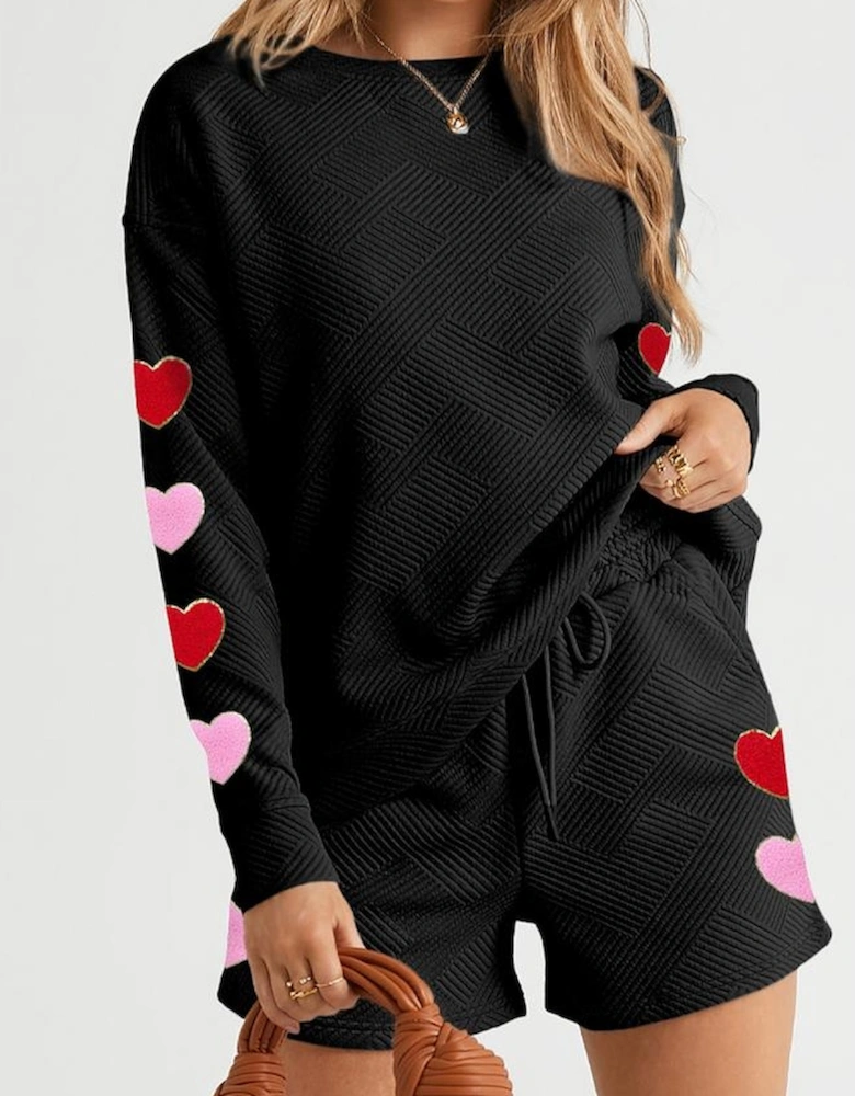 Black Heart Patch Long Sleeve Top and Shorts Textured 2pcs Set