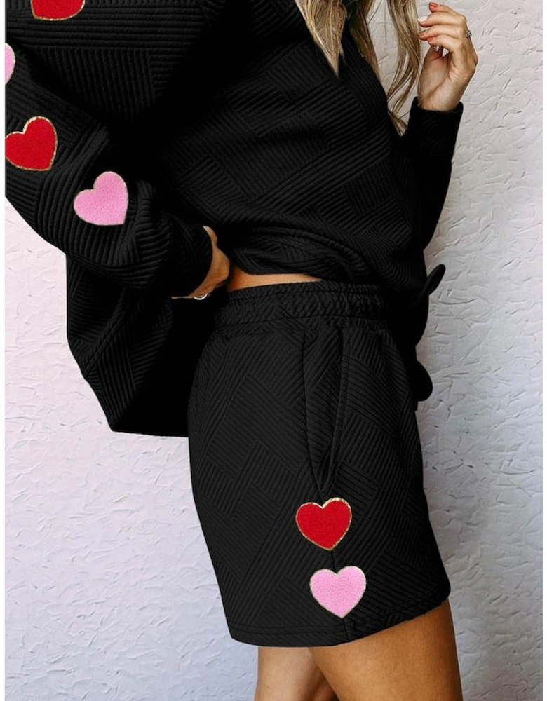 Black Heart Patch Long Sleeve Top and Shorts Textured 2pcs Set