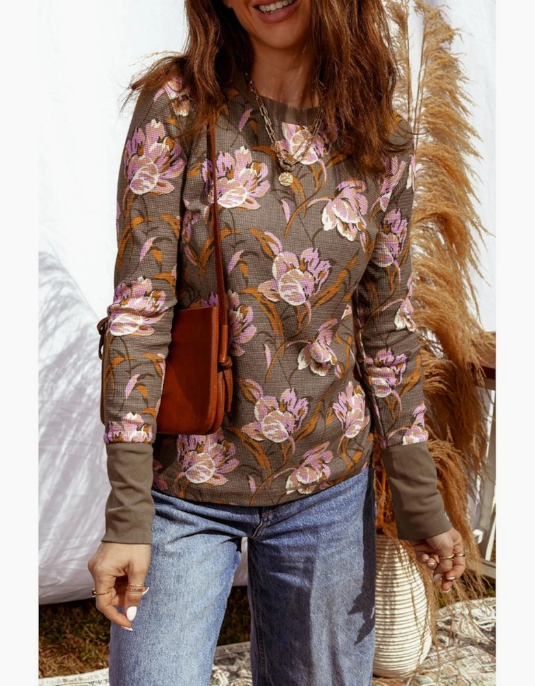 Brown Floral Print Waffle Textured Long Sleeve Top