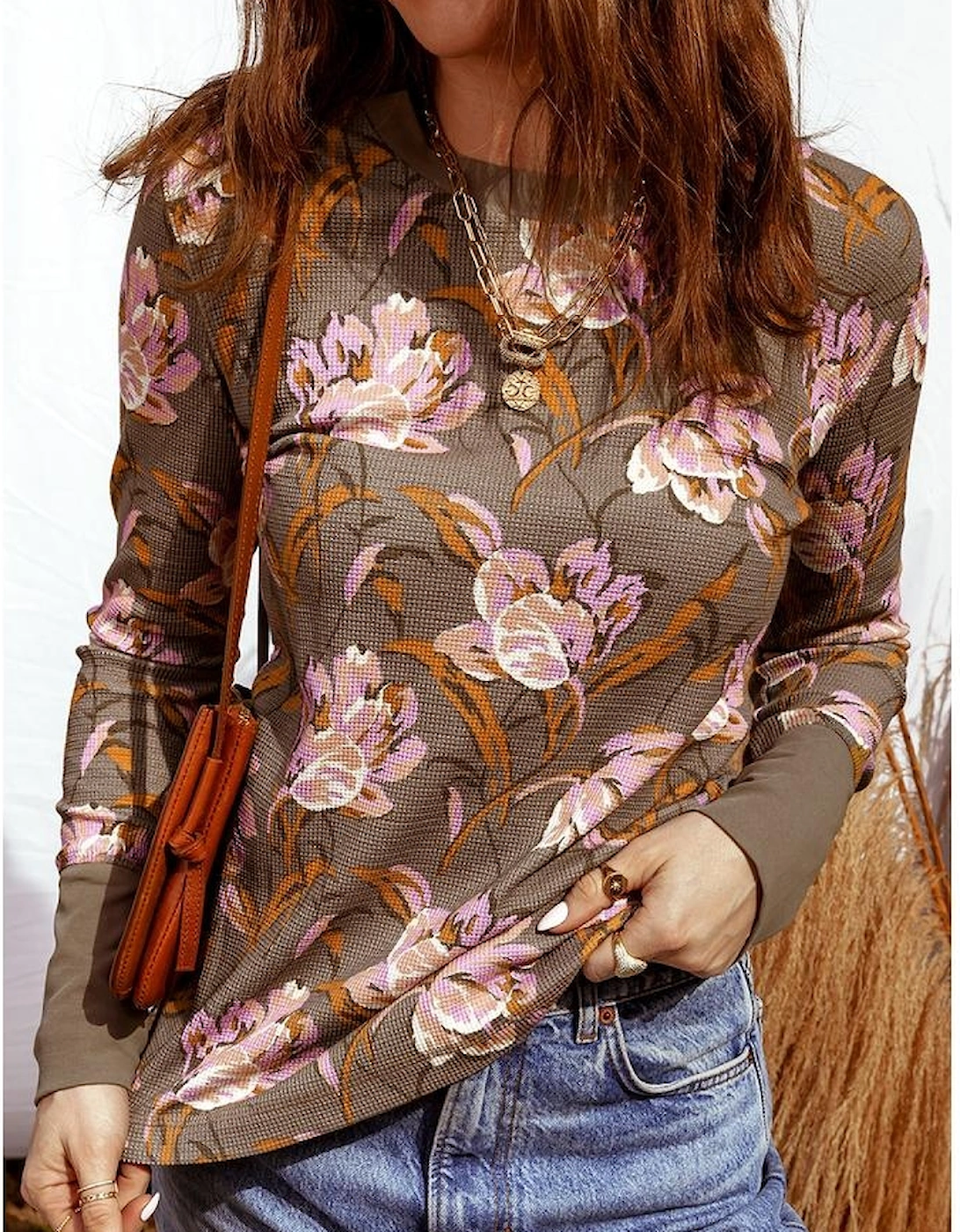 Brown Floral Print Waffle Textured Long Sleeve Top