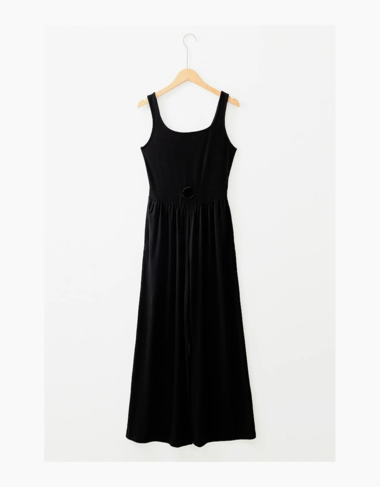 Black Peekaboo Wide Leg Square Neck Sleeveless Jumpsuit