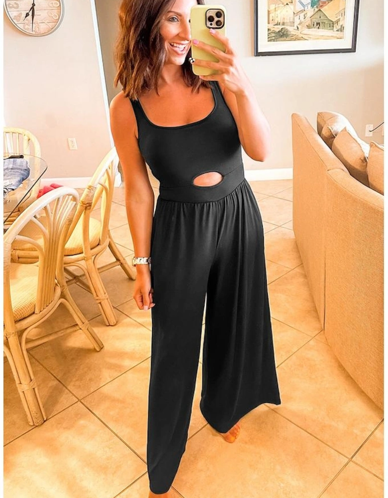 Black Peekaboo Wide Leg Square Neck Sleeveless Jumpsuit