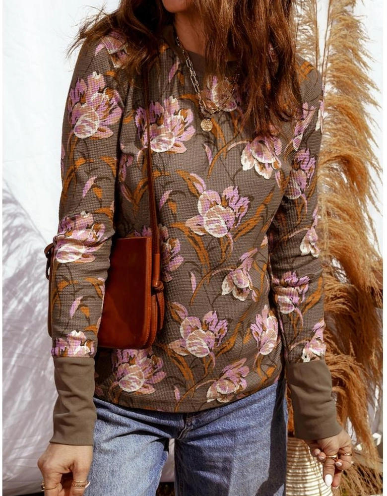 Brown Floral Print Waffle Textured Long Sleeve Top