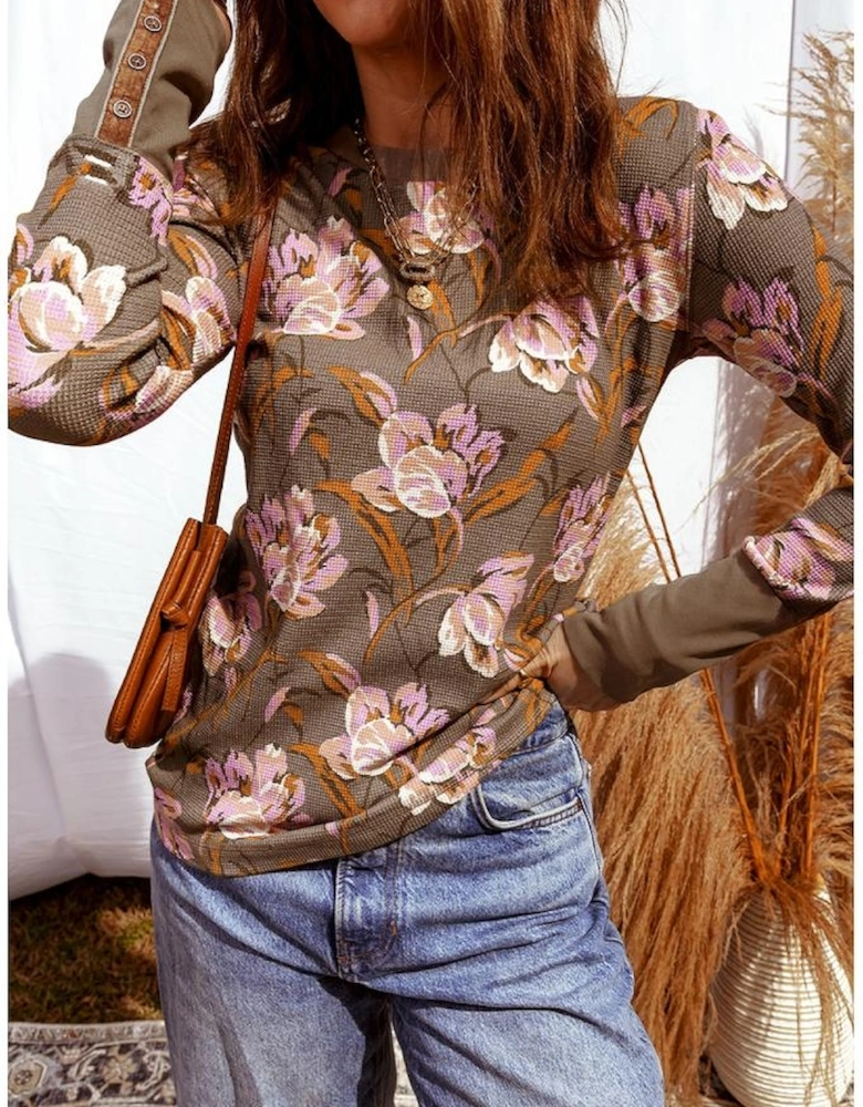 Brown Floral Print Waffle Textured Long Sleeve Top