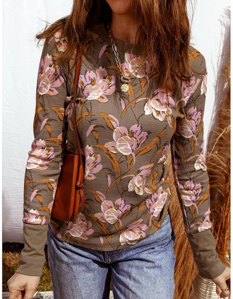 Brown Floral Print Waffle Textured Long Sleeve Top
