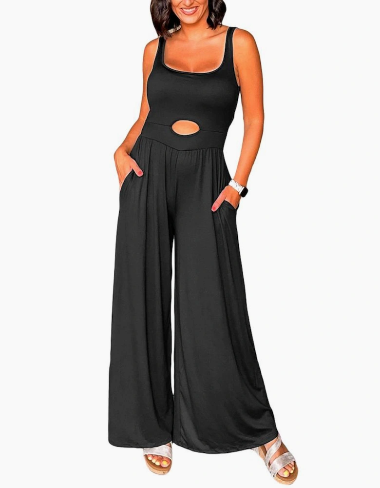 Black Peekaboo Wide Leg Square Neck Sleeveless Jumpsuit