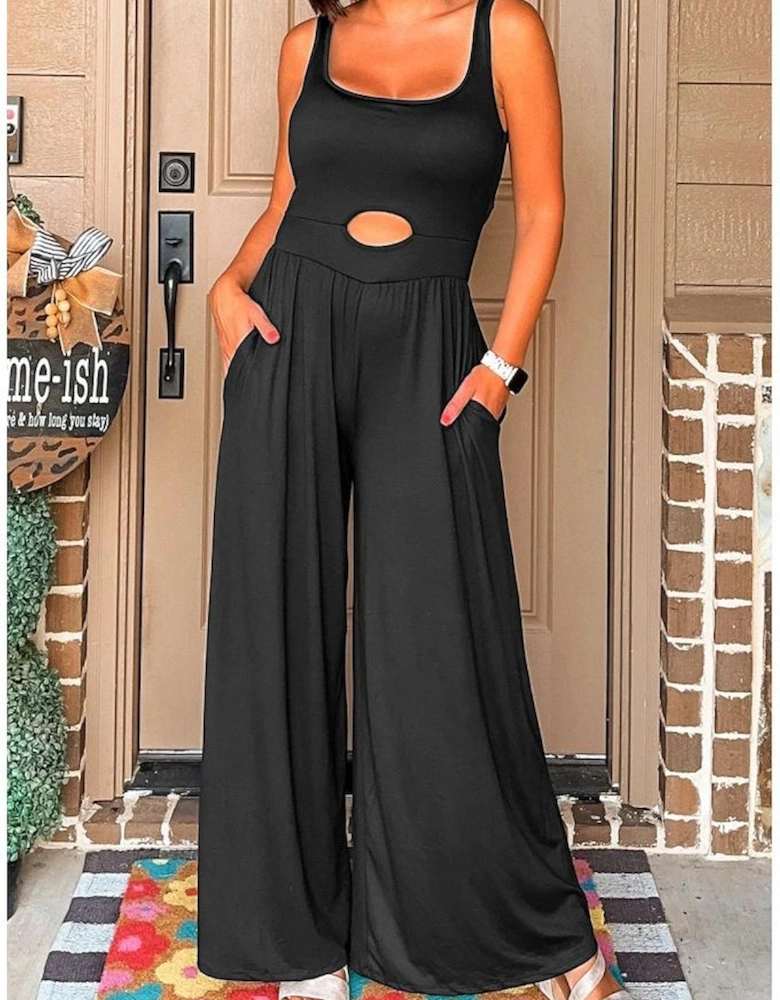 Black Peekaboo Wide Leg Square Neck Sleeveless Jumpsuit