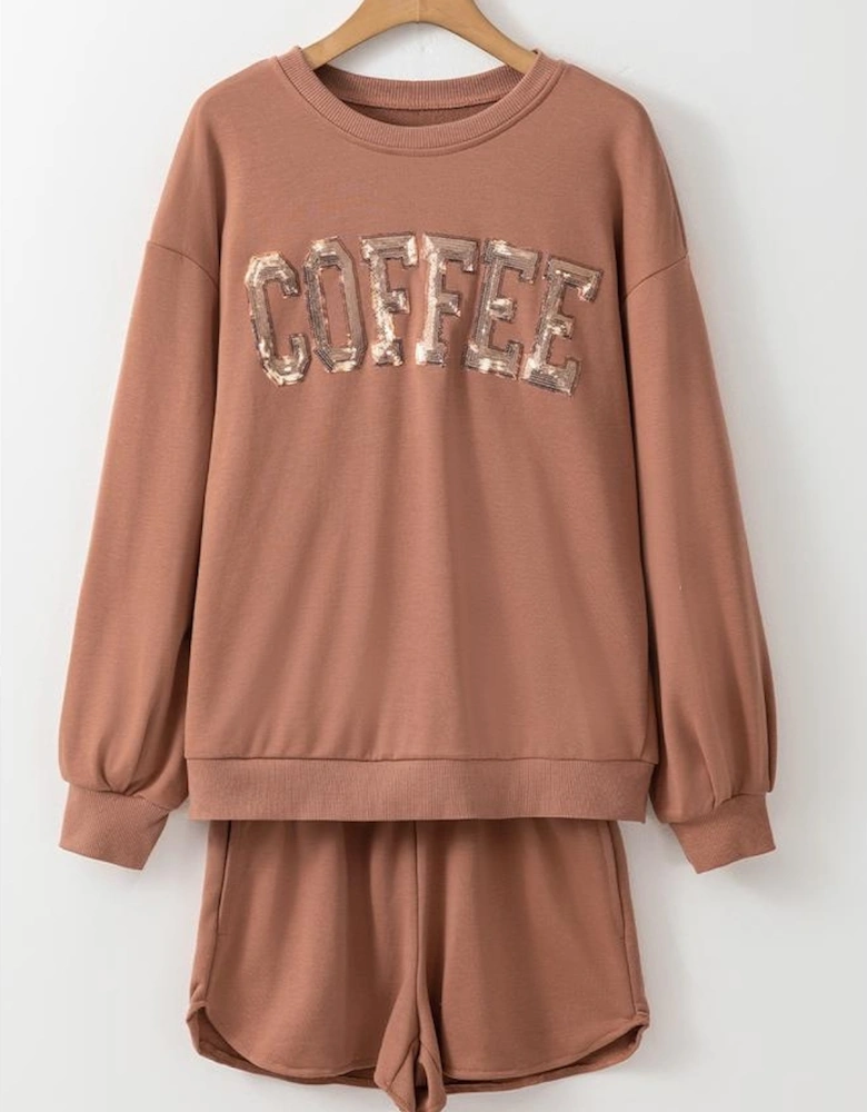 Straw Yellow Sequined COFFEE Loose Fit Sweatshirt and Shorts Set