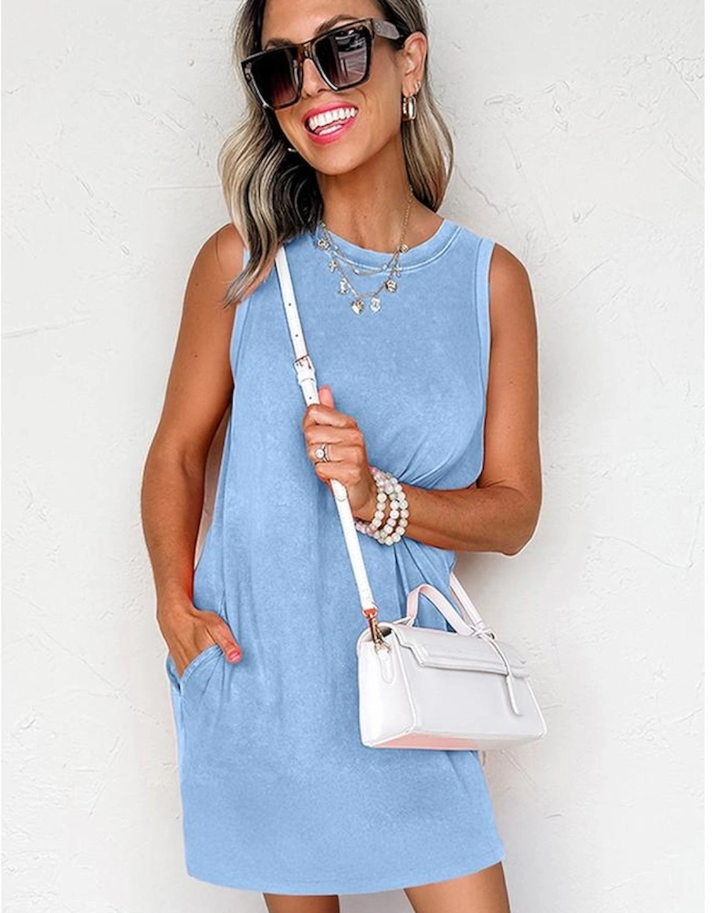 Beau Blue Mineral Wash Tank Mini Dress with Pockets