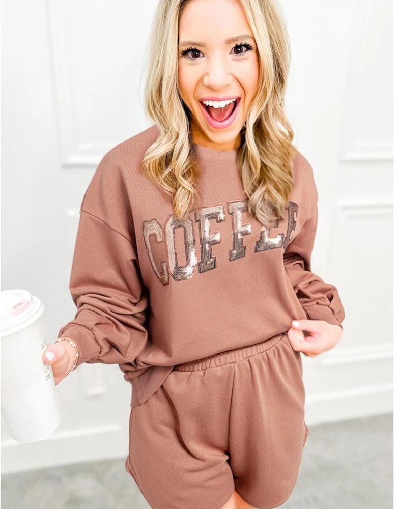 Straw Yellow Sequined COFFEE Loose Fit Sweatshirt and Shorts Set