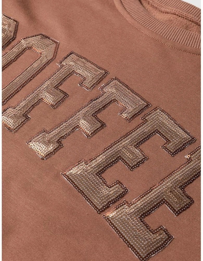 Straw Yellow Sequined COFFEE Loose Fit Sweatshirt and Shorts Set