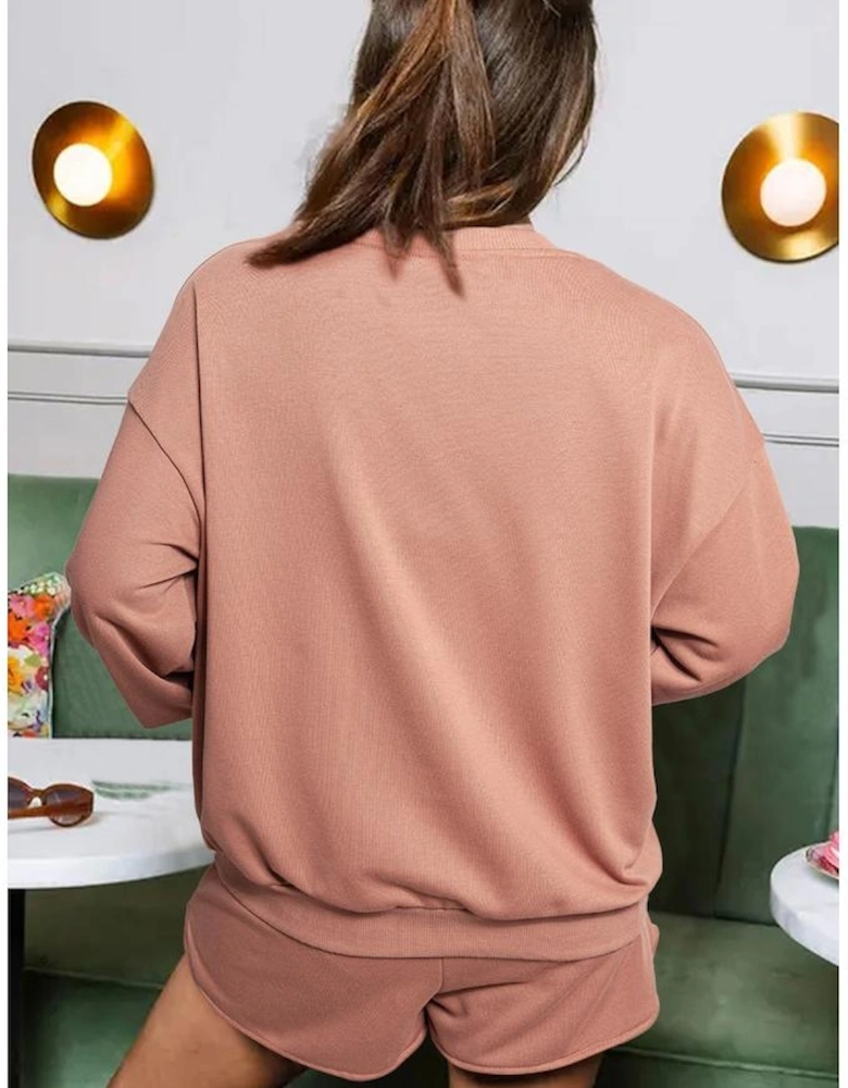 Straw Yellow Sequined COFFEE Loose Fit Sweatshirt and Shorts Set