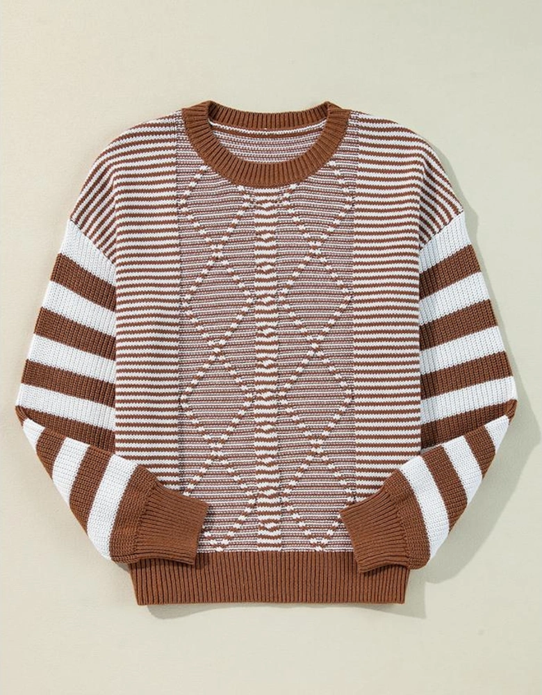 Brown Stripe Geometric Textured Drop Shoulder Sweater