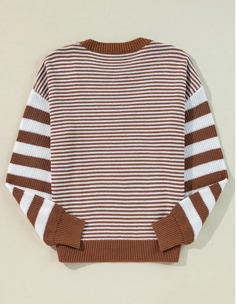 Brown Stripe Geometric Textured Drop Shoulder Sweater
