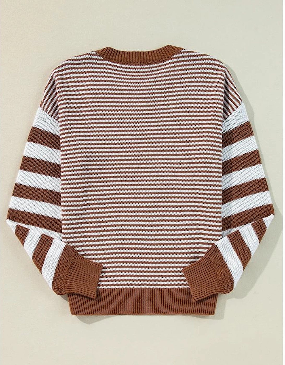 Brown Stripe Geometric Textured Drop Shoulder Sweater