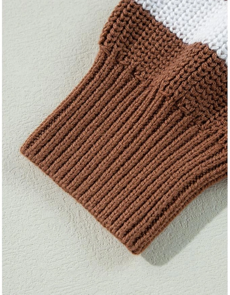 Brown Stripe Geometric Textured Drop Shoulder Sweater