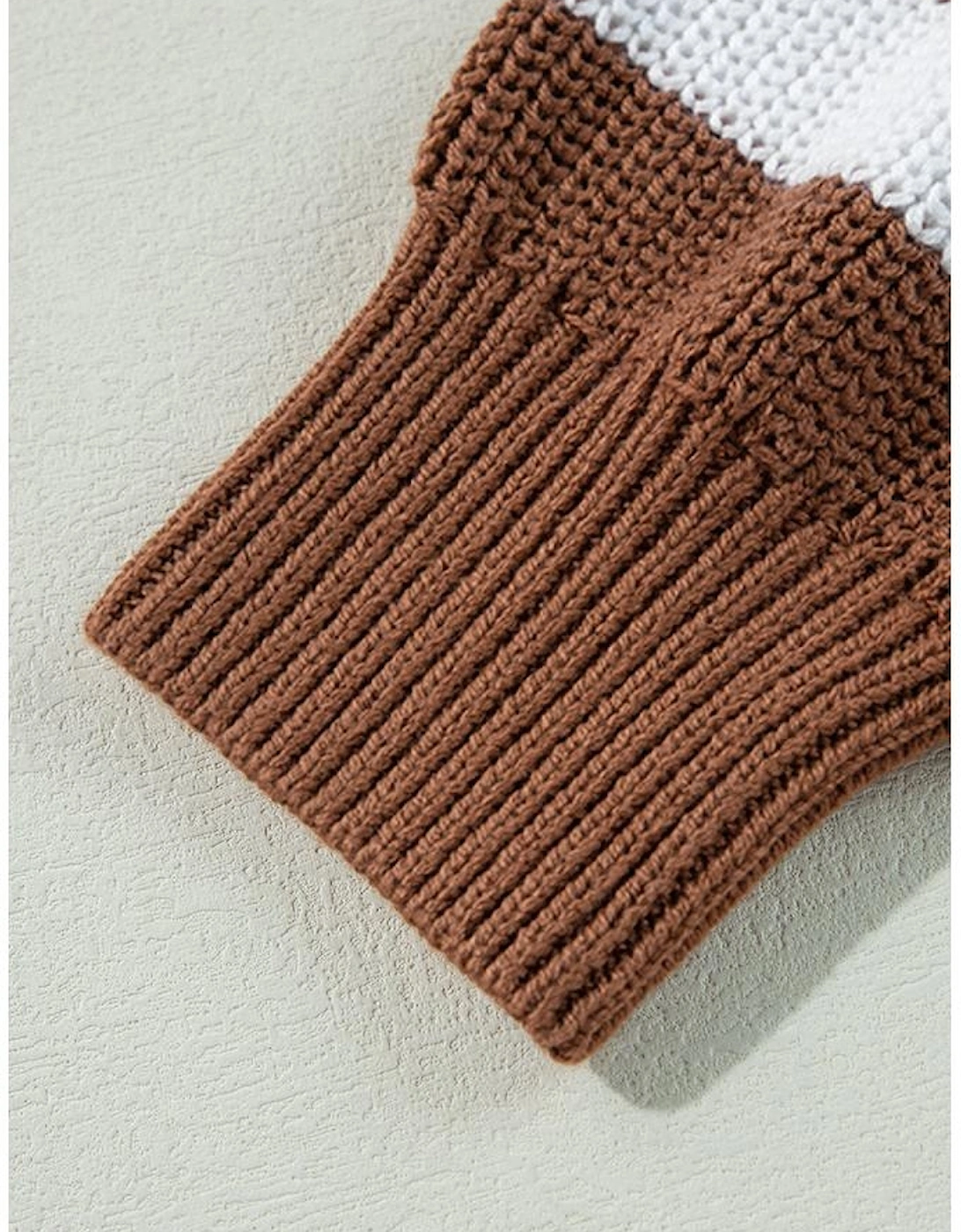 Brown Stripe Geometric Textured Drop Shoulder Sweater