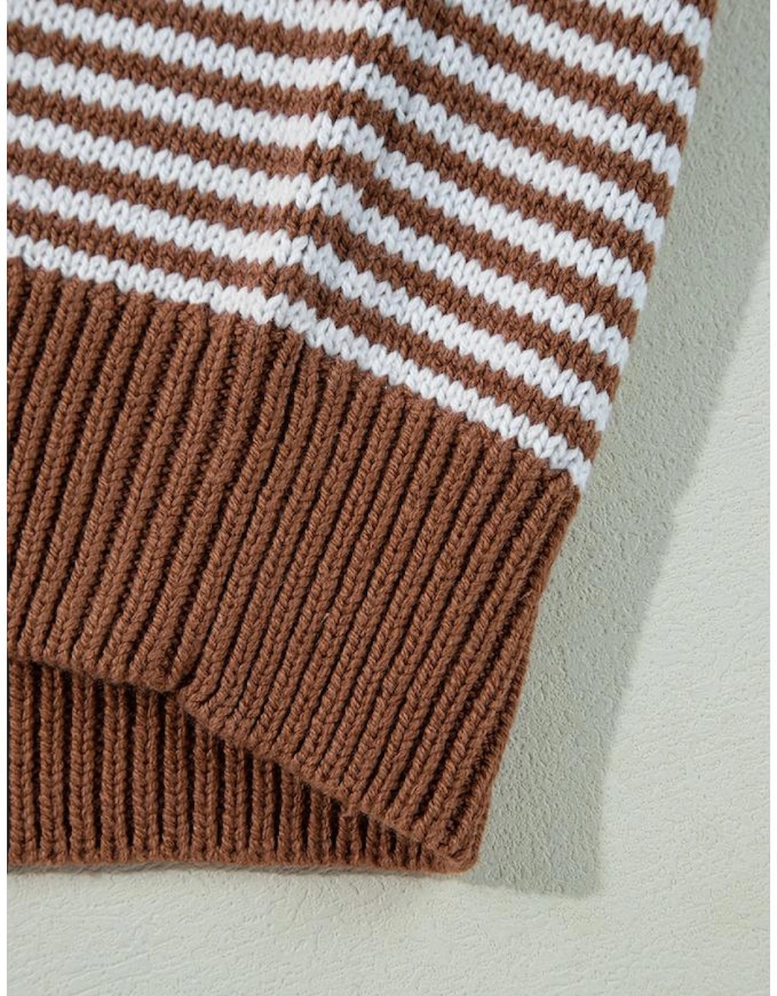 Brown Stripe Geometric Textured Drop Shoulder Sweater