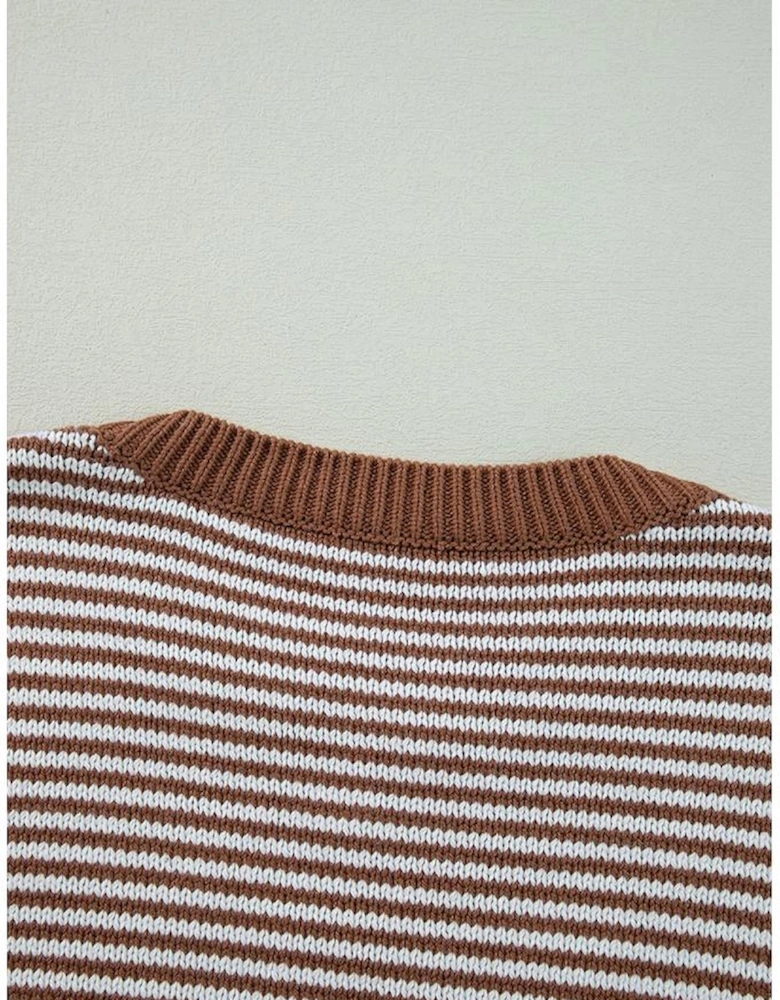 Brown Stripe Geometric Textured Drop Shoulder Sweater