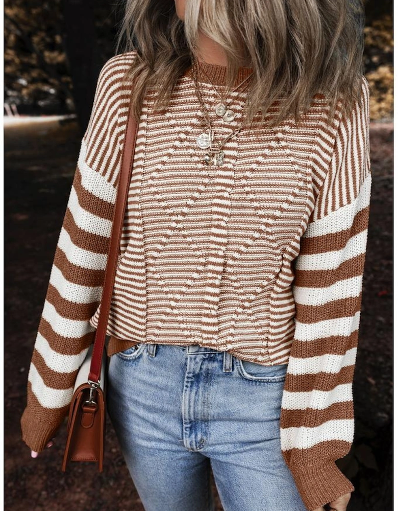Brown Stripe Geometric Textured Drop Shoulder Sweater