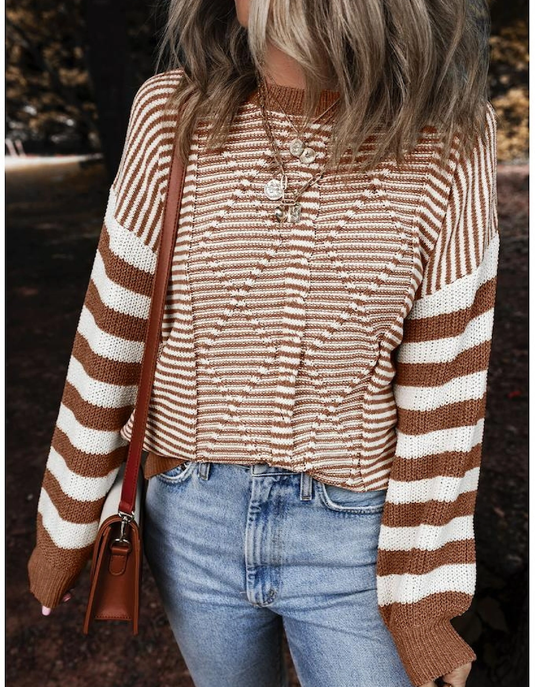 Brown Stripe Geometric Textured Drop Shoulder Sweater