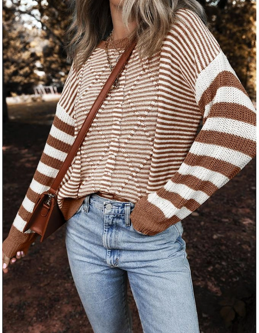 Brown Stripe Geometric Textured Drop Shoulder Sweater