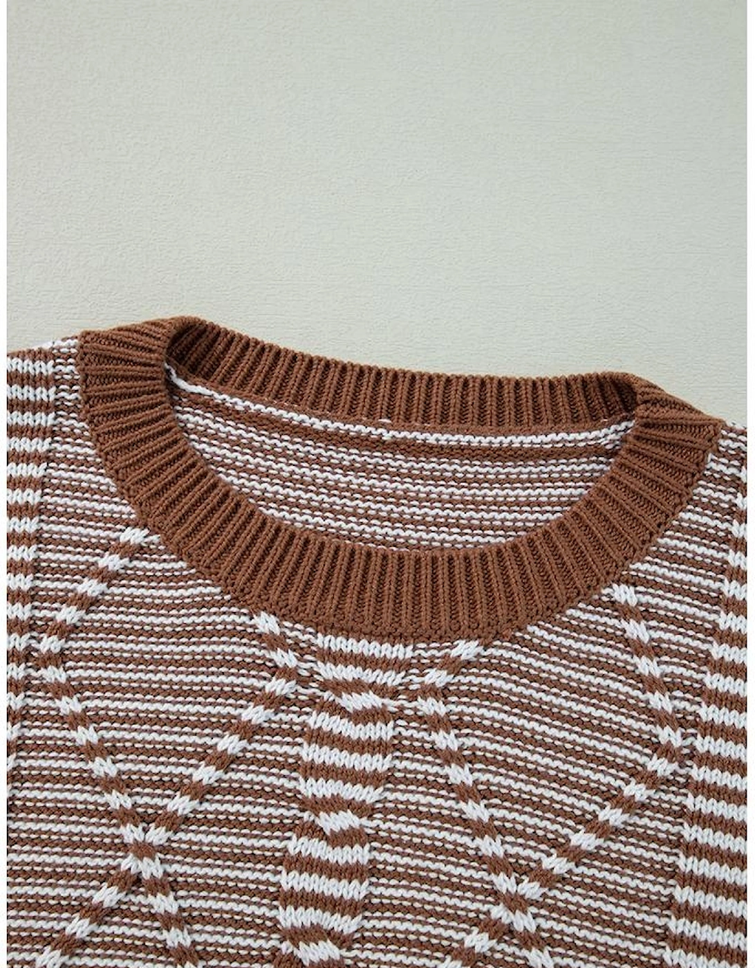 Brown Stripe Geometric Textured Drop Shoulder Sweater