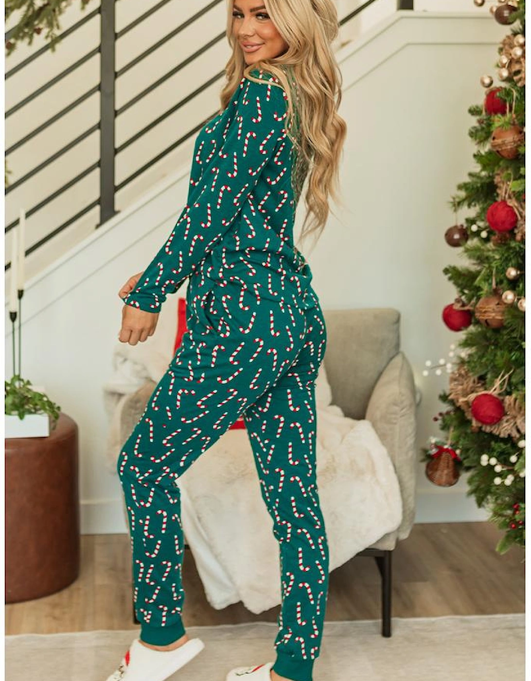 Green Christmas Candy Cane Printed Top and Pants Lounge Set