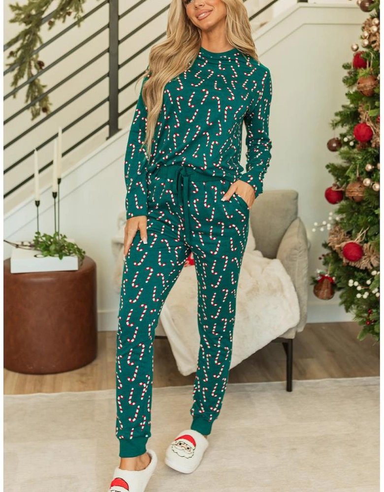 Green Christmas Candy Cane Printed Top and Pants Lounge Set