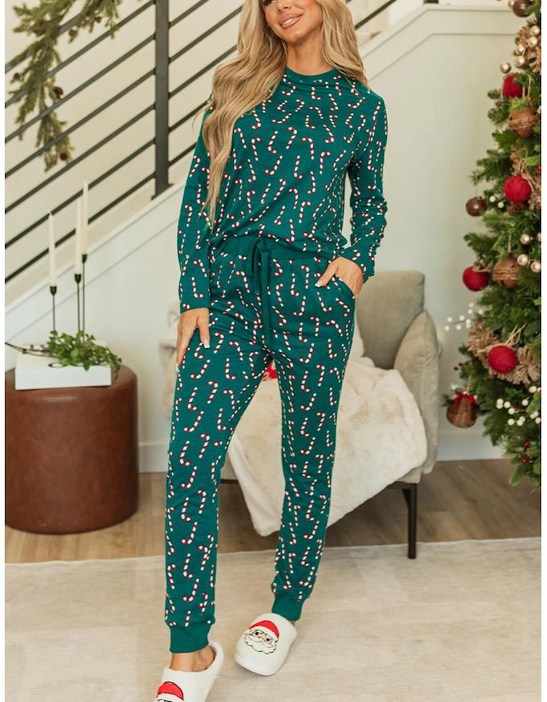 Green Christmas Candy Cane Printed Top and Pants Lounge Set