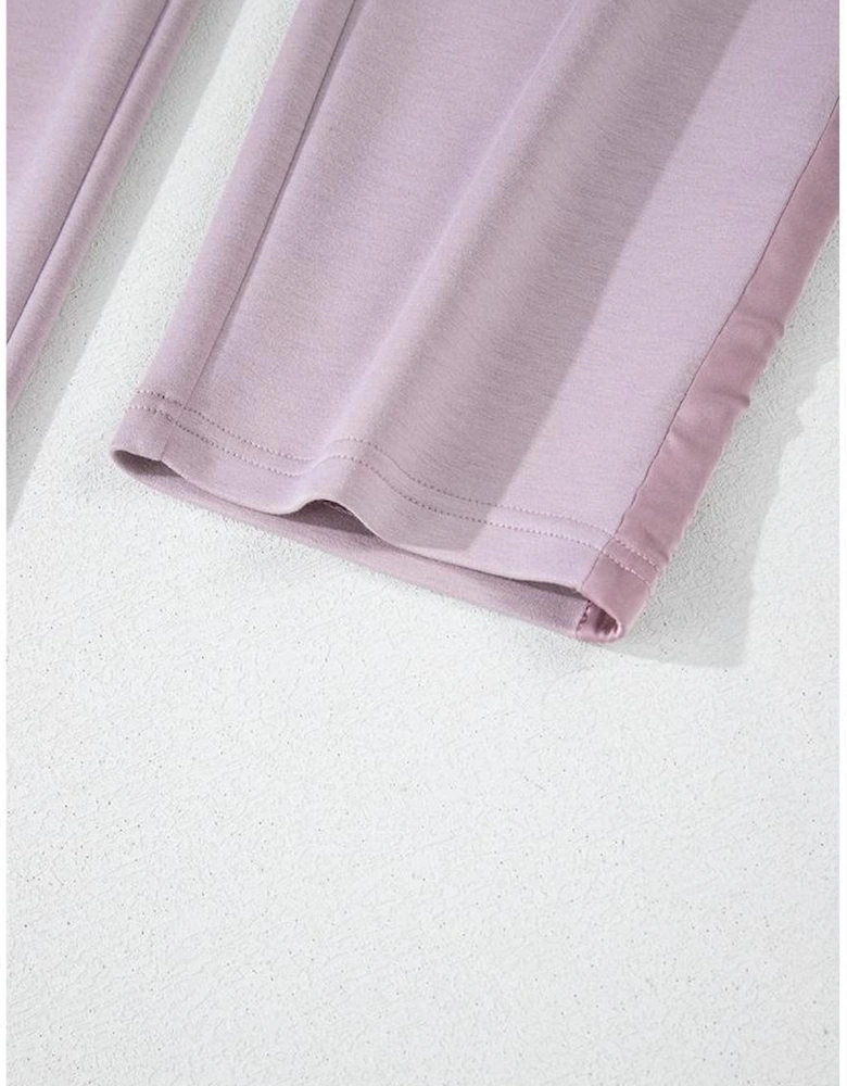 Orchid Petal Drawstring Waist Satin Stripe Patch Straight Leg High Waist Pants