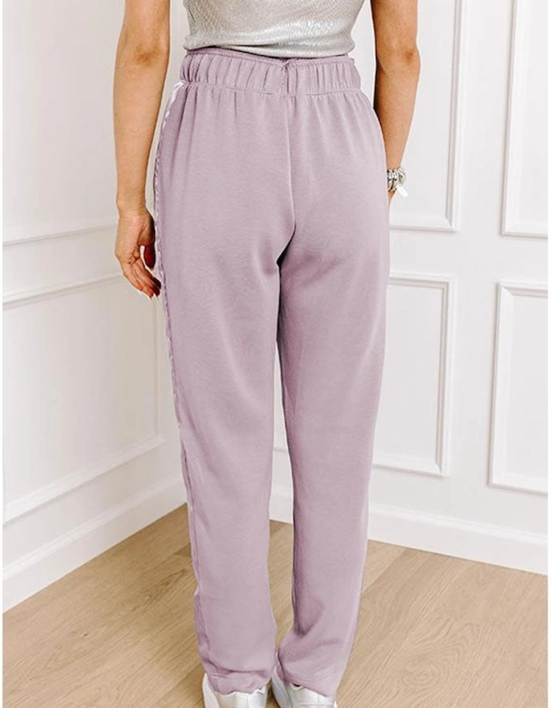 Orchid Petal Drawstring Waist Satin Stripe Patch Straight Leg High Waist Pants